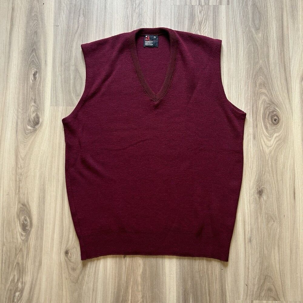 Vintage Robert Bruce Maroon V-Neck Knit Sweater Vest Size XL Golf Made in USA